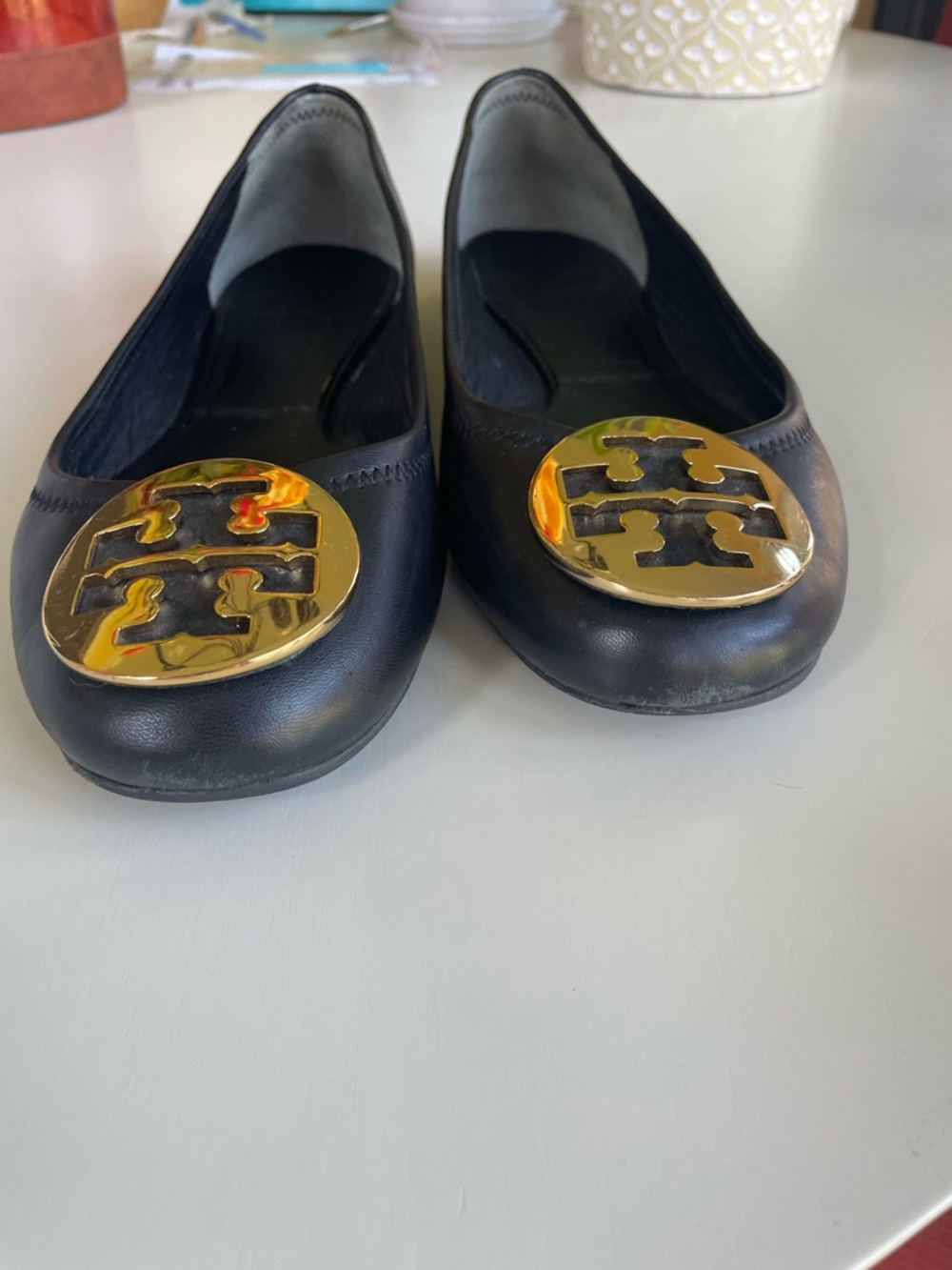 Tory Burch Black Leather Ballet Flats with Gold Logo Medallion - Picture 5 of 13